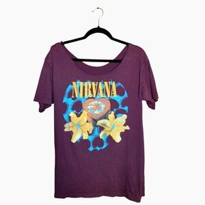 Nirvana Graphic T-Shirt Purple Scoop Neck Off the Shoulder‎ Festival Tee Large